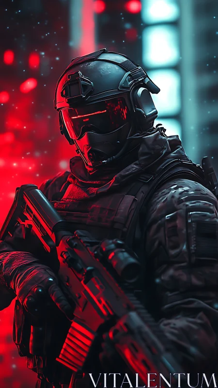 Heavily armed futuristic soldier in red and teal light.