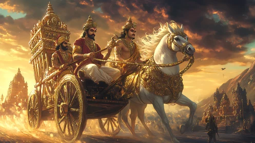 Golden mythic war chariot with armored warriors and white stallion