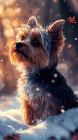 Yorkshire terrier gazes upward in softly glowing winter light.