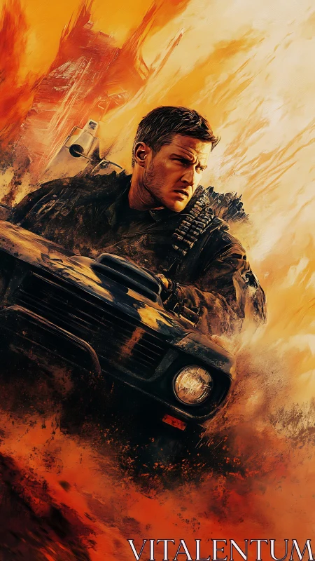 Armored driver powers muscle car through explosive orange dust