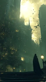 Shrouded wanderer beneath towering gothic citadel at dusk.