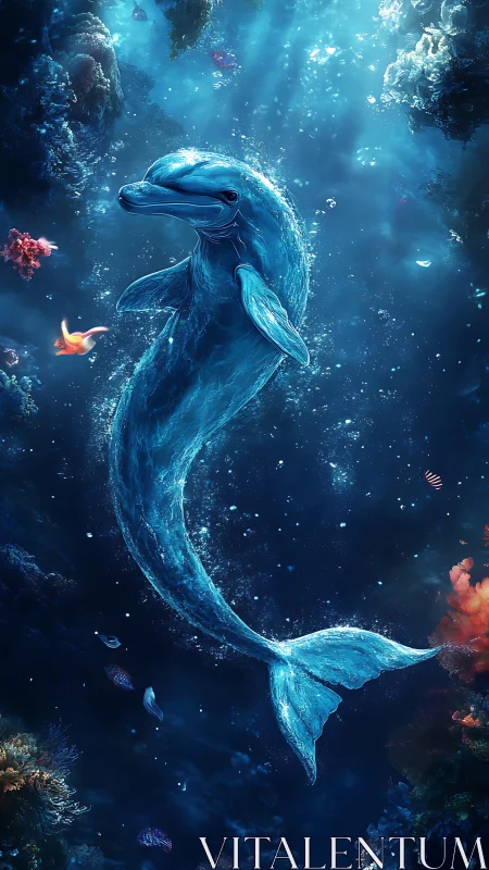 Luminescent dolphin portrait in deep-sea vertical composition.