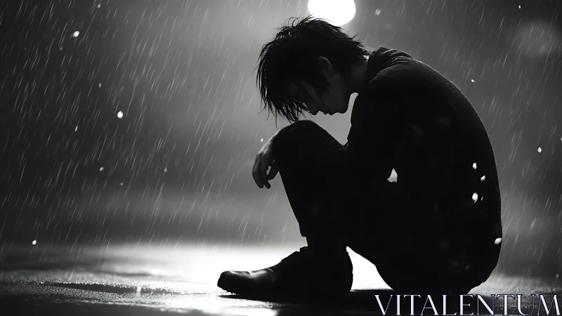 Curled shadow boy listens to the heavy grammar of rain