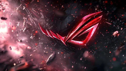 Futuristic Red ROG Logo in Dynamic Sci-Fi Explosion Scene.