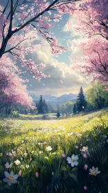 Flowered meadow extends beneath blooming cherry trees in spring