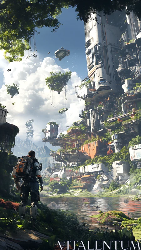 Solitary explorer before verdant floating megacity vista.