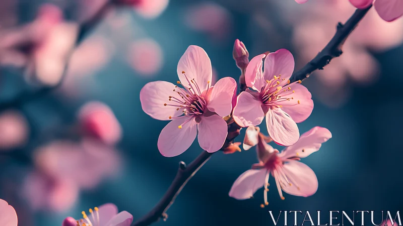 Pink Cherry Blossoms on Dark Branch