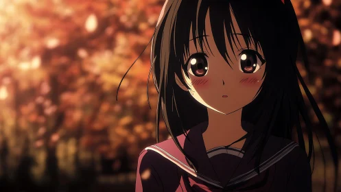 Anime schoolgirl in uniform before defocused autumn foliage.