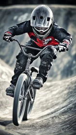 High-velocity BMX rider carving dynamic concrete berms fast.