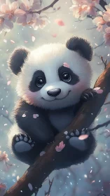 Blossom-dusted baby panda daydreaming in a spring tree.