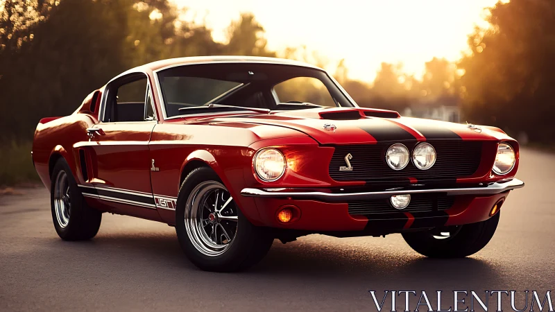 Red classic fastback muscle car is parked on a roadway