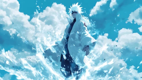 Storm-wreathed anime warrior strides through shattered skywater.