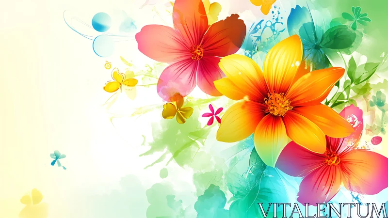 Vibrant Watercolor Floral Composition with Gradient Cascading Blooms