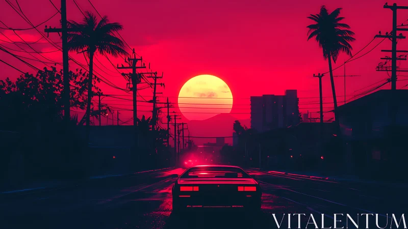 Neon city sunset ignites wet highway behind sports car.