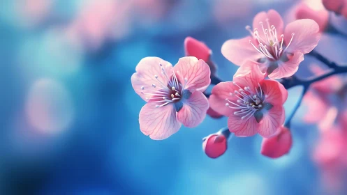 Pink Spring Blossoms on Blue Background.