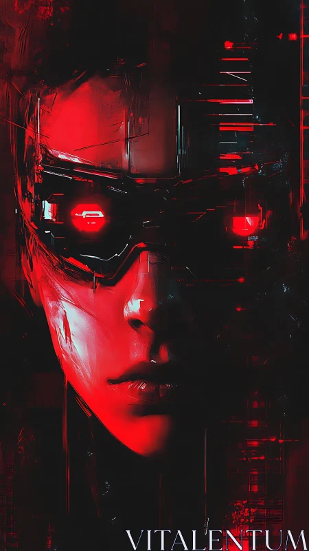 Cybernetic face emerges from red digital shadow field