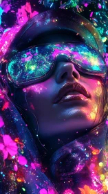 Neon-lit cyber portrait with reflective galaxy visor.