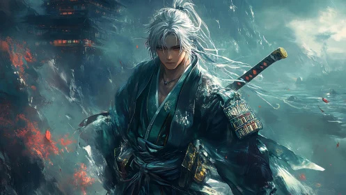 Storm-lit silver-haired samurai in teal armor dominates turbulent coast