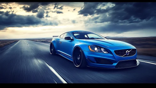 Stormlit blue sports car racing down an endless highway.