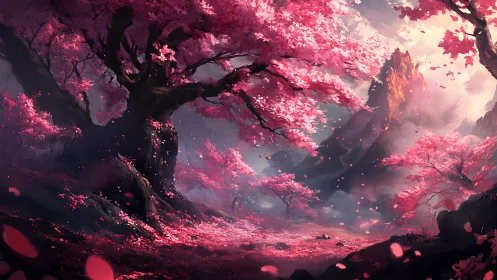 Blossom-filled fantasy valley welcomes a gentle, glowing dawn