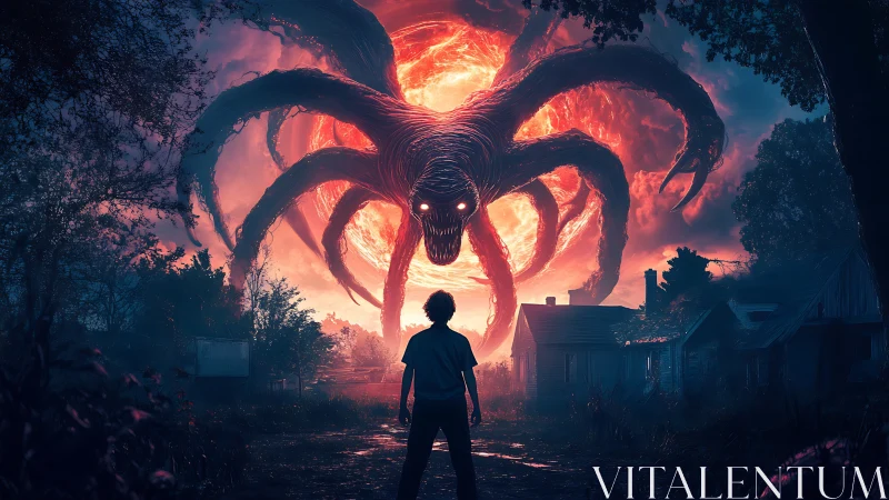 Boy confronts colossal fiery tentacled monster at twilight