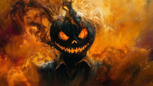 Fiery pumpkin specter emerges from swirling inferno backdrop.