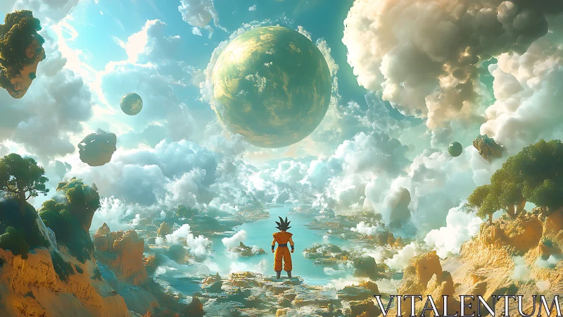 Celestial valley vista with lone warrior under verdant planet