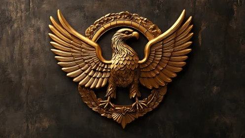 Gilded heraldic eagle emblem with sculpted laurel wreath.