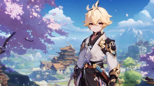 Blond anime swordsman in ornate armor before tiered temples