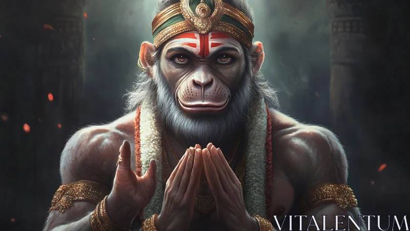 Simian humanoid deity figure holds folded hands in focus