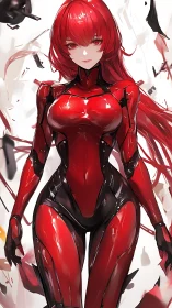 Scarlet cyber warrior stands poised in a shattered white void