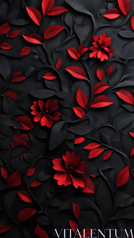 Dimensional Floral Composition: Red Blooms Against Black Textile Relief.