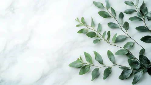 Eucalyptus whispers across cool white marble calmness.