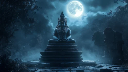 Stone deity statue sits under full moon in misty ruins