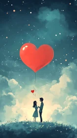 Couple Holding Red Heart Balloon Under Starry Sky