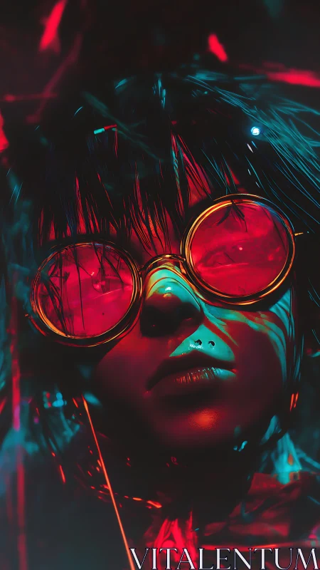 Neon lit dreamer gazes through glowing red cyber goggles