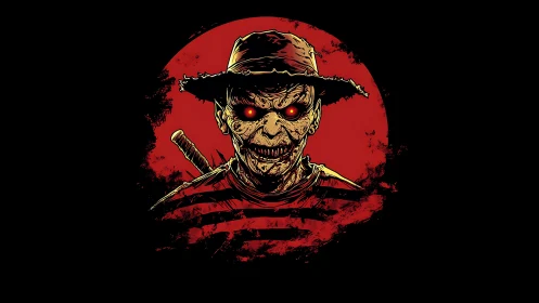 Grim skeletal figure with glowing eyes on red circle background.