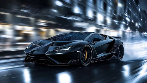 Midnight supercar glides through a rain-soaked city street