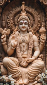 Sacred seated deity sculpture rendered in ornate sandstone relief