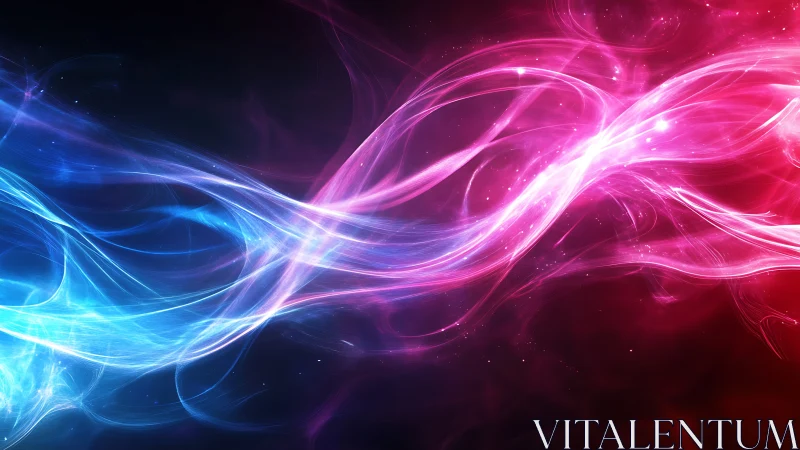 Vibrant blue and magenta light waves on dark background.