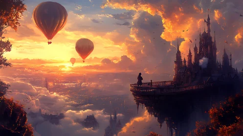Floating castle terrace with hot air balloons at sunset.