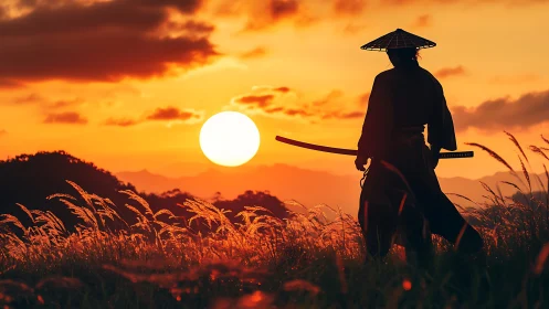 Wanderer with katana greeting a molten orange horizon.