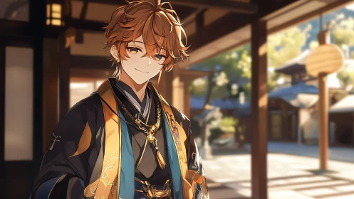 Warm-lit anime youth in ornate kimono within shallow depth courtyard