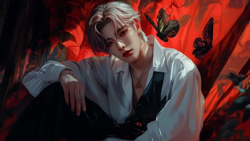 Figure in white shirt sits before red backdrop with butterflies