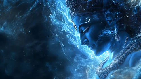 Celestial blue deity in tranquil cosmic light.