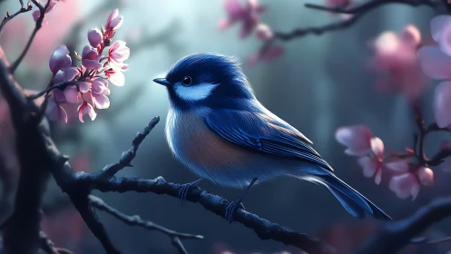 Blue Songbird on Blossom Branch, Dreamy Digital Art Scene.