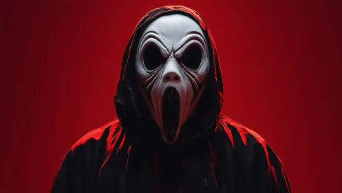 Hooded white horror mask glares against deep red backdrop