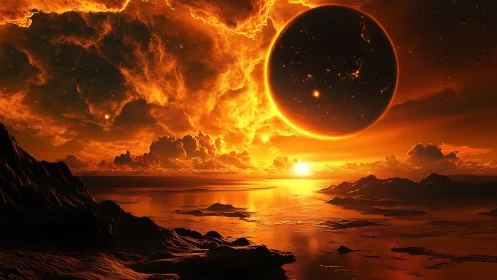 Fiery exoplanet eclipse dominates an alien coastal horizon
