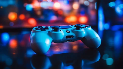 Photorealistic gaming controller with neon bokeh lighting focus.