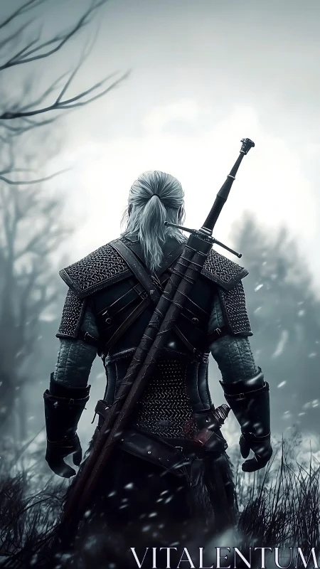 Armored swordsman stands solitary in snowy winter forest